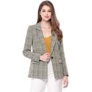 New! Allegra K Women's Plaid Blazer One Button‎ Lapel Neck Jacket